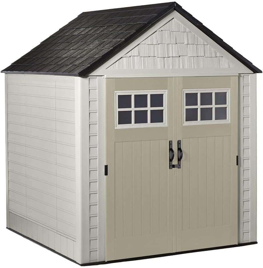 Rubbermaid 7 ft. W x 7 ft. D Durable Weather Resistant Plastic Outdoor Storage Shed, Sand 0.58 sq. ft.