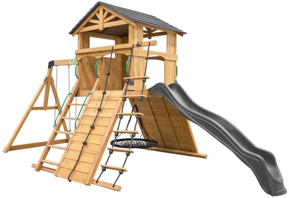 Backyard Discovery Endeavor All Cedar Wooden Swing Set Playset with Gray Wave Slide