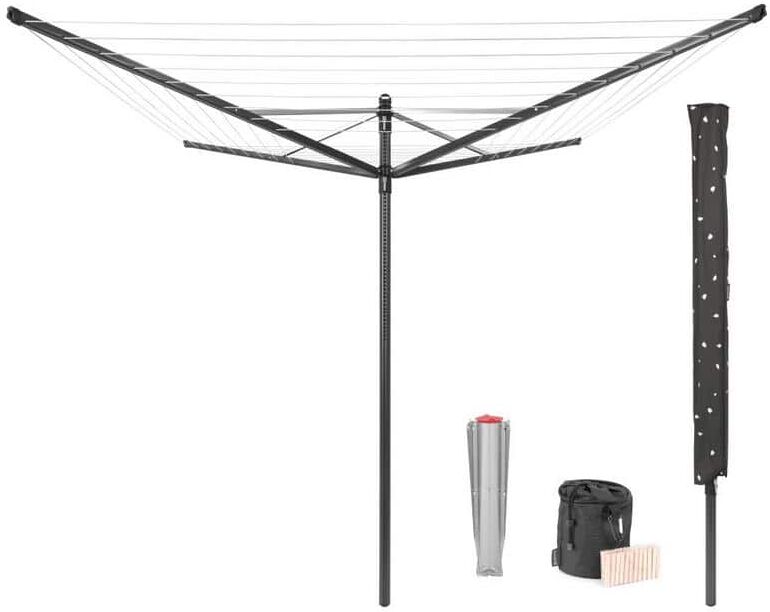 Brabantia 116 in x 116 in Outdoor Rotary Clothesline Lift-O-Matic with Ground Spike, Cover, and Clothespins with Bag - Anthracite