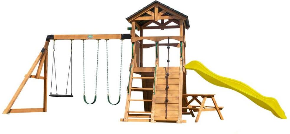 Backyard Discovery Endeavor II All Cedar Wooden Swing Set Playset with Yellow Wave Slide