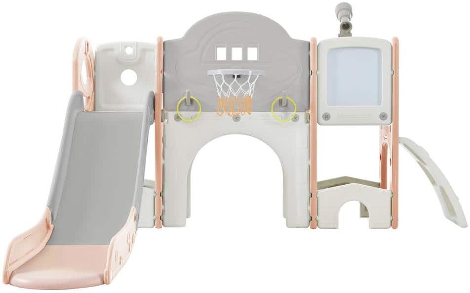 9 in 1 Pink Kids Slide Playset with Slide, Arch Tunnel, Ring Toss, Drawing Whiteboardl and Basketball Hoop