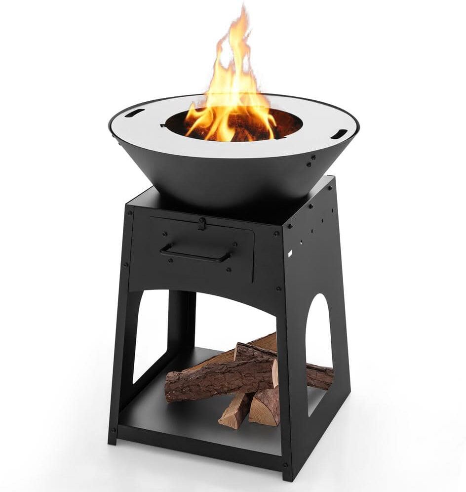 Gymax 31.5 in. Black Galvanized Metal Patio Fire Pit w/Firewood Log Rack Outdoor Wood Burning Fireplace w/Grill & Ash Box