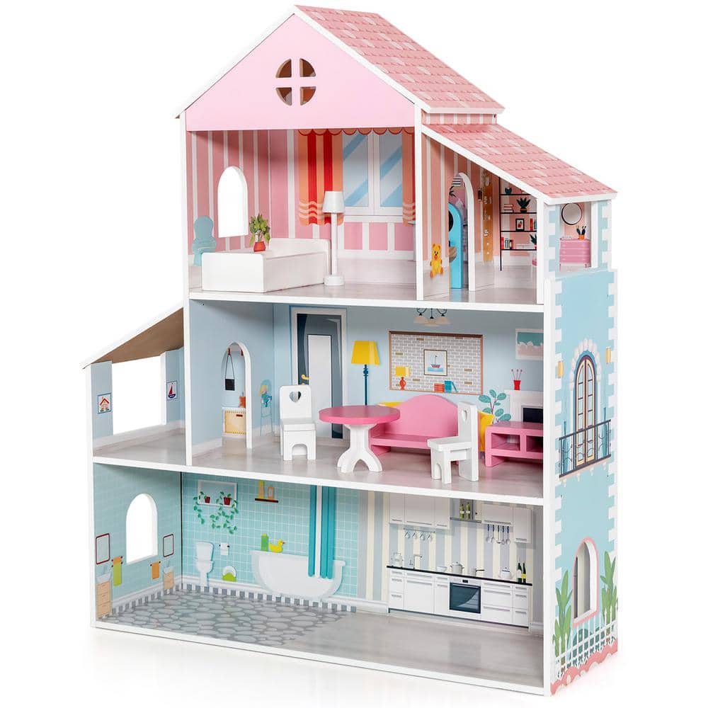 Costway Wooden Dollhouse For Kids 3-Tier Toddler Doll House with Furniture Gift For Age 3 Plus
