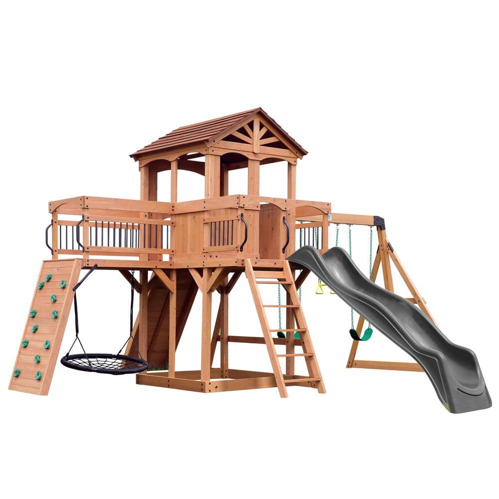 Backyard Discovery Sterling Point All Cedar Wooden Swing Set Playset with Gray Wave Slide