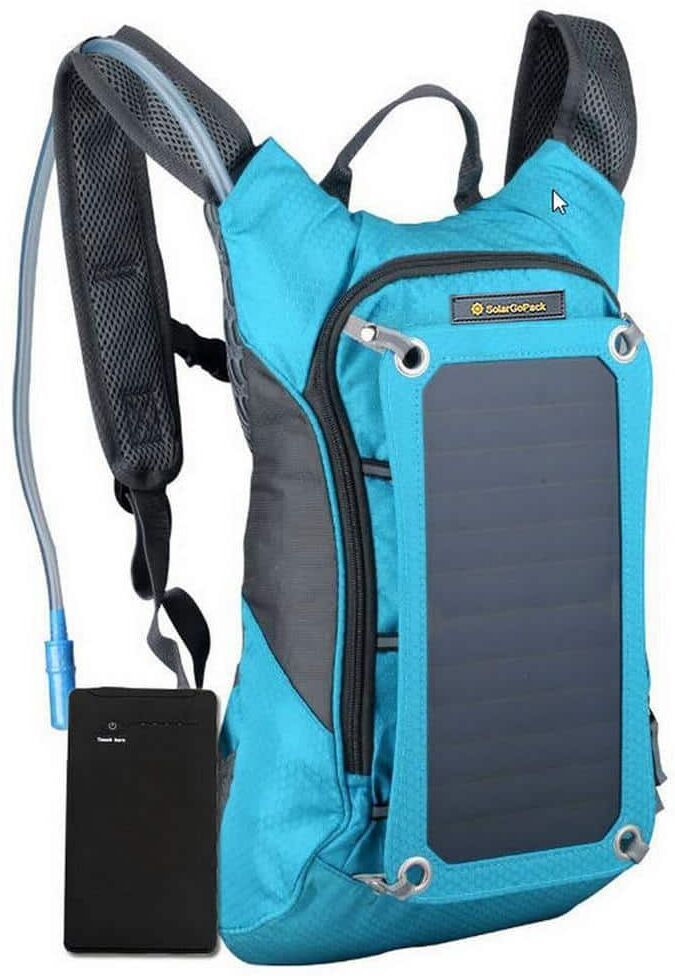 SolarGoPack Solar Hydration Backpack, 10k mAh battery, 7-Watt Solar Panel in Blue