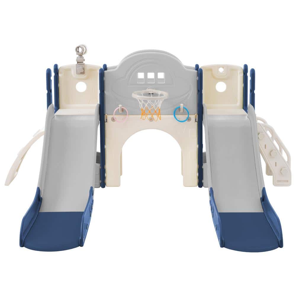 Blue 7 in. 1 Toddler Freestanding Slide Set with Slide, Arch Tunnel, Ring Toss and Basketball Hoop, Double Slides