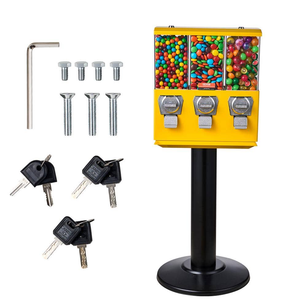 VEVOR Commercial Vending Machine Triple Compartment Candy Dispenser with Iron Stand Gumball and Candy Machine, Yellow