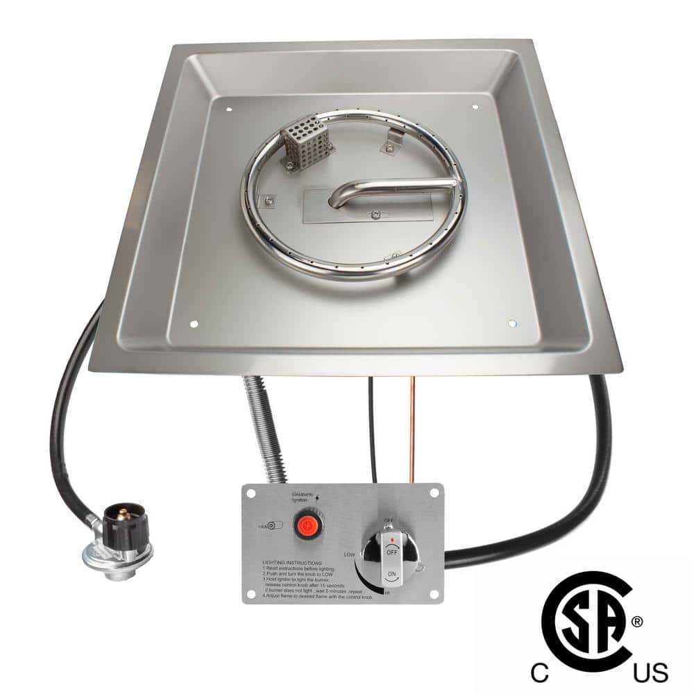 Celestial Fire Glass 17 in. Square CSA Certified Fire Pit Burner Kit, Stainless Steel, Propane, Electronic Ignition