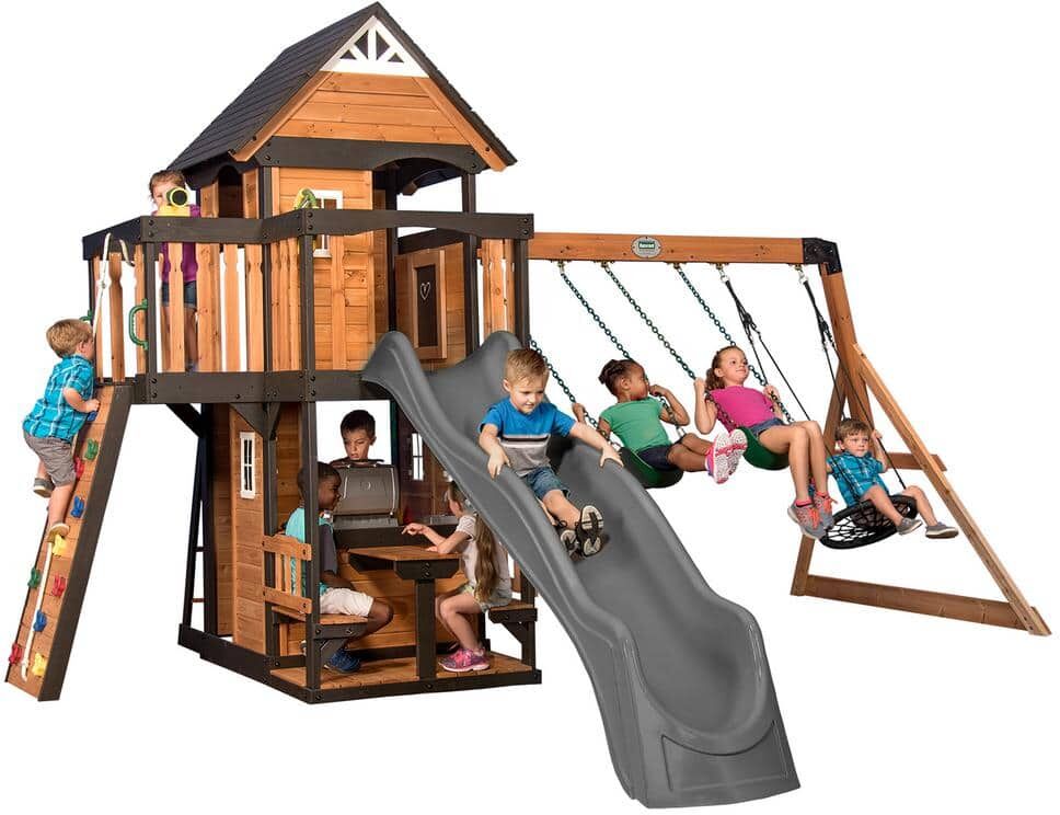 Backyard Discovery Canyon Creek All Cedar Wooden Swing Set Playset with Gray Wave Slide