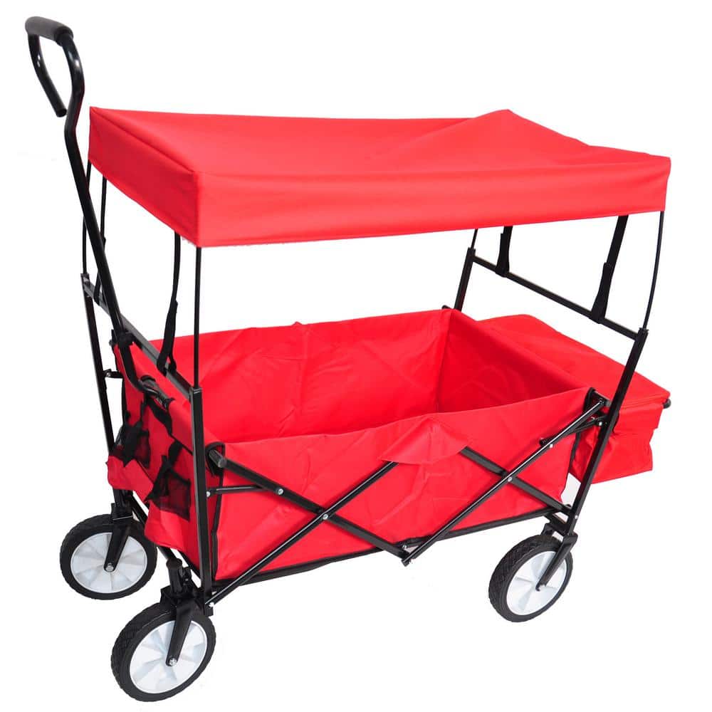 Mondawe 3.7 cu.ft. Red Steel Garden Cart Shopping Beach Cart Folding Wagon with Removable Canopy & 2 Mesh Bags
