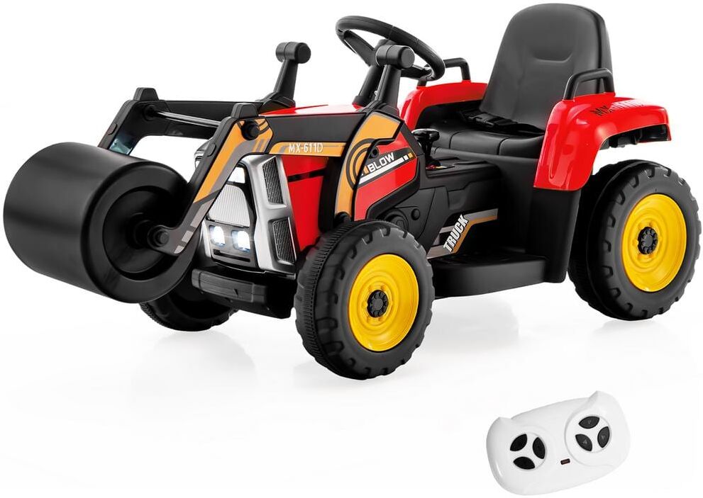 Costway Kids Ride On Roller 12-Volt Electric Tractor Remote with Music and LED Light Red