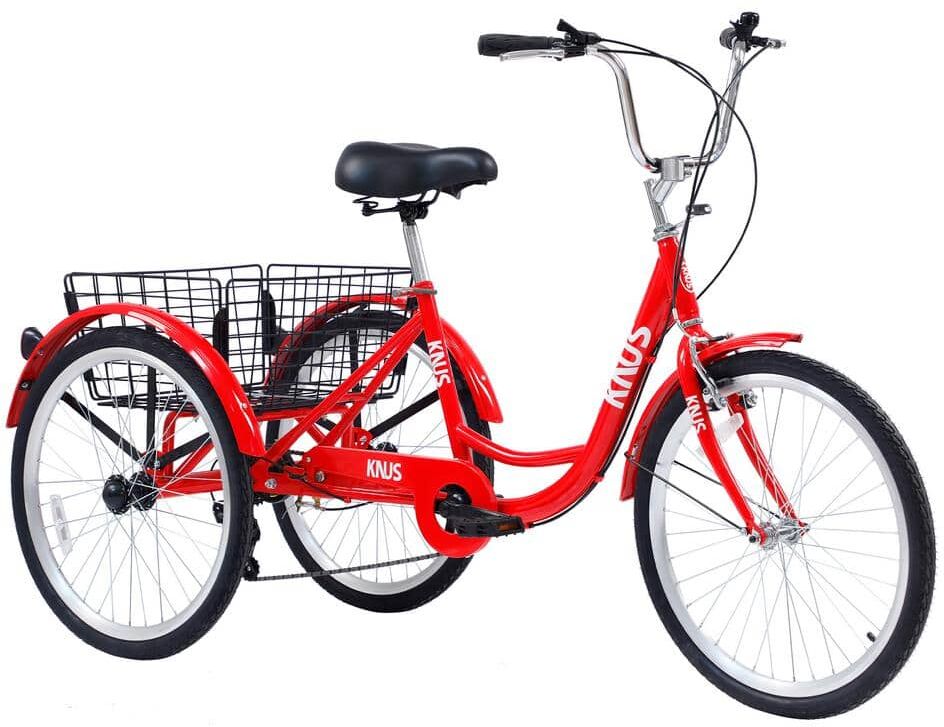 Zeus & Ruta 24 in. Red 7 Speed Cruiser Bicycles with Large Shopping Basket for Women and Men