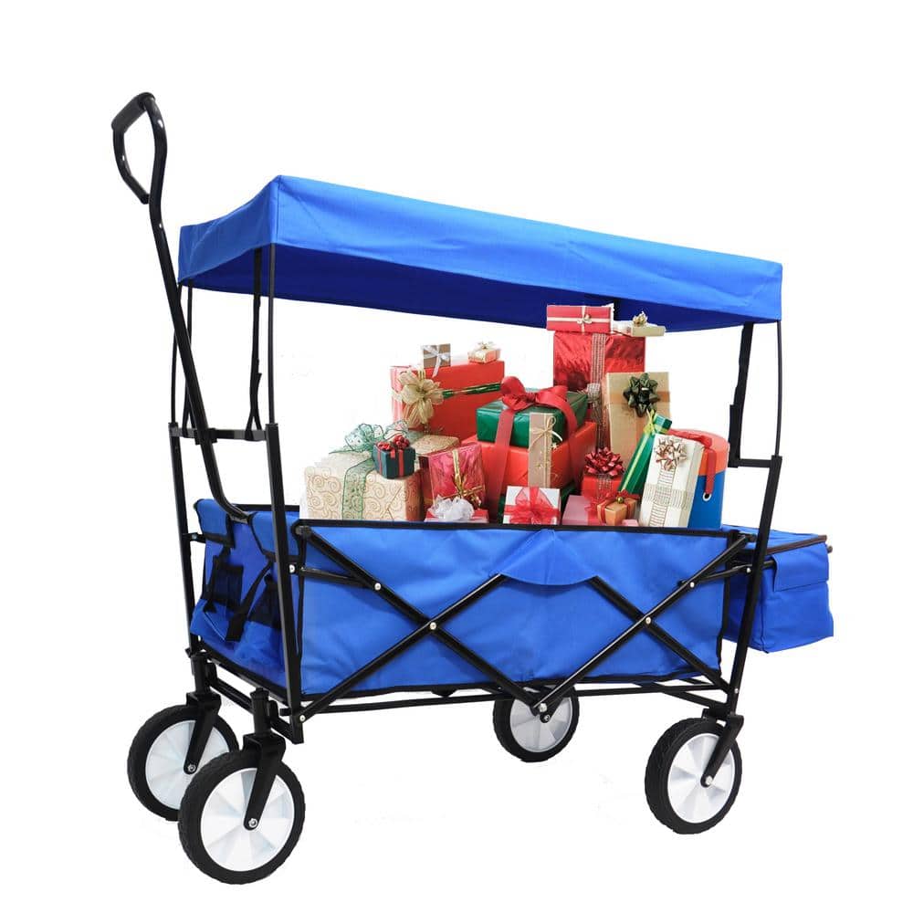 Mondawe 3.7 cu.ft. Blue Steel Garden Cart Shopping Beach Cart Folding Wagon with Adjustable Handle & Removable Canopy