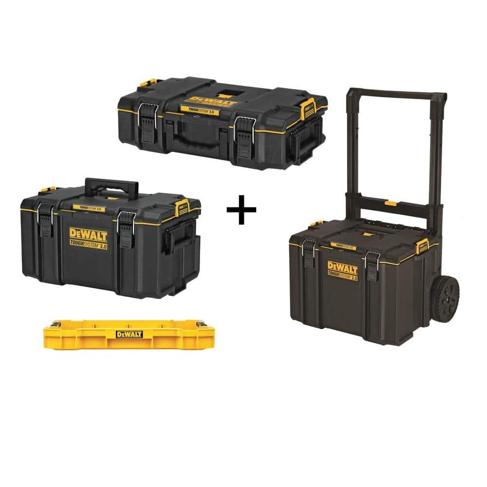 DeWalt TOUGHSYSTEM 2.0 22 in. Small Tool Box, 22 in. Large Tool Box, 24 in. Mobile Tool Box, and Shallow Tool Tray