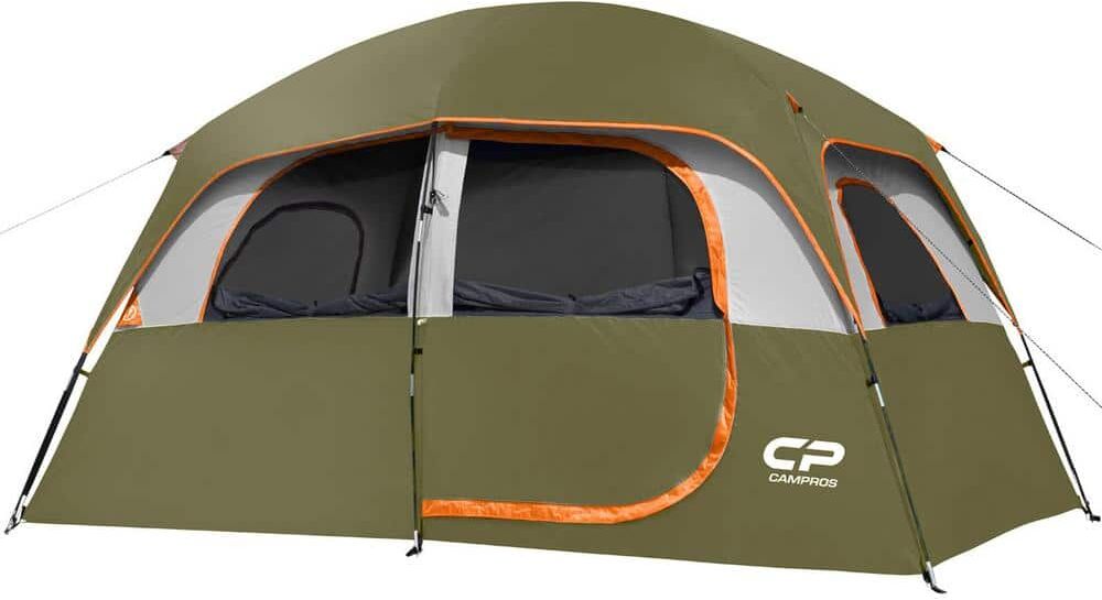 Olive Polyester Camping Tent Portable Easy Set Up Family Tent with Windproof Fabric Cabin for Backpacking,