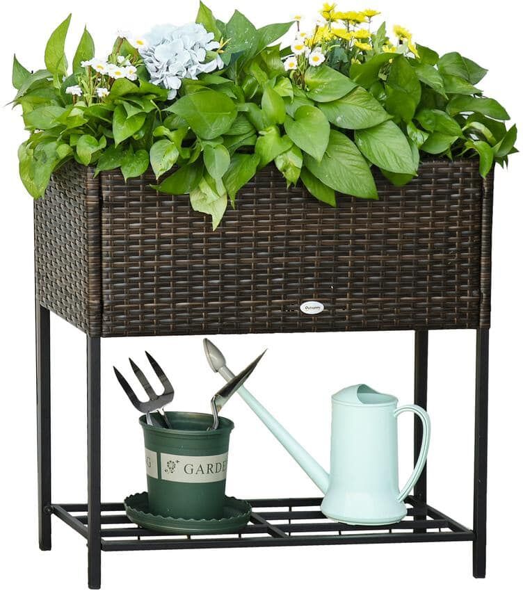 Outsunny Elevated Steel Brown Raised Garden Bed with Rattan Wicker Look, Underneath Tool Storage Rack