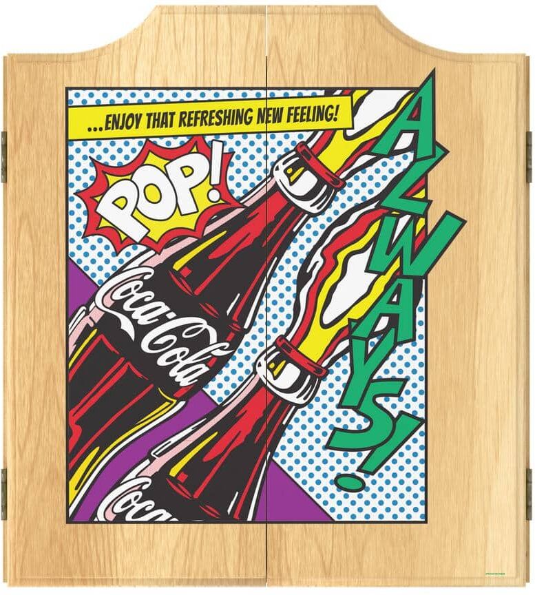 Coca-Cola Pop Art 20.5 in. Dart Board with Cabinet, Darts and Scoreboards