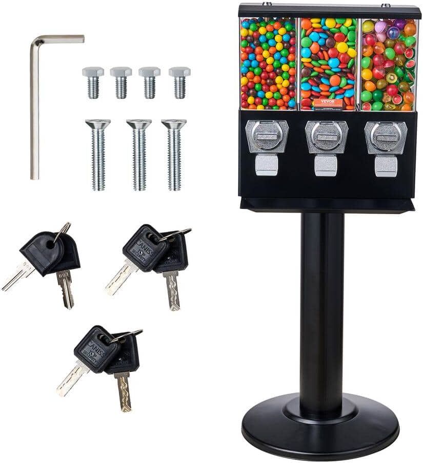 VEVOR Commercial Vending Machine Triple Compartment Candy Dispenser with Iron Stand Gumball and Candy Machine, Black