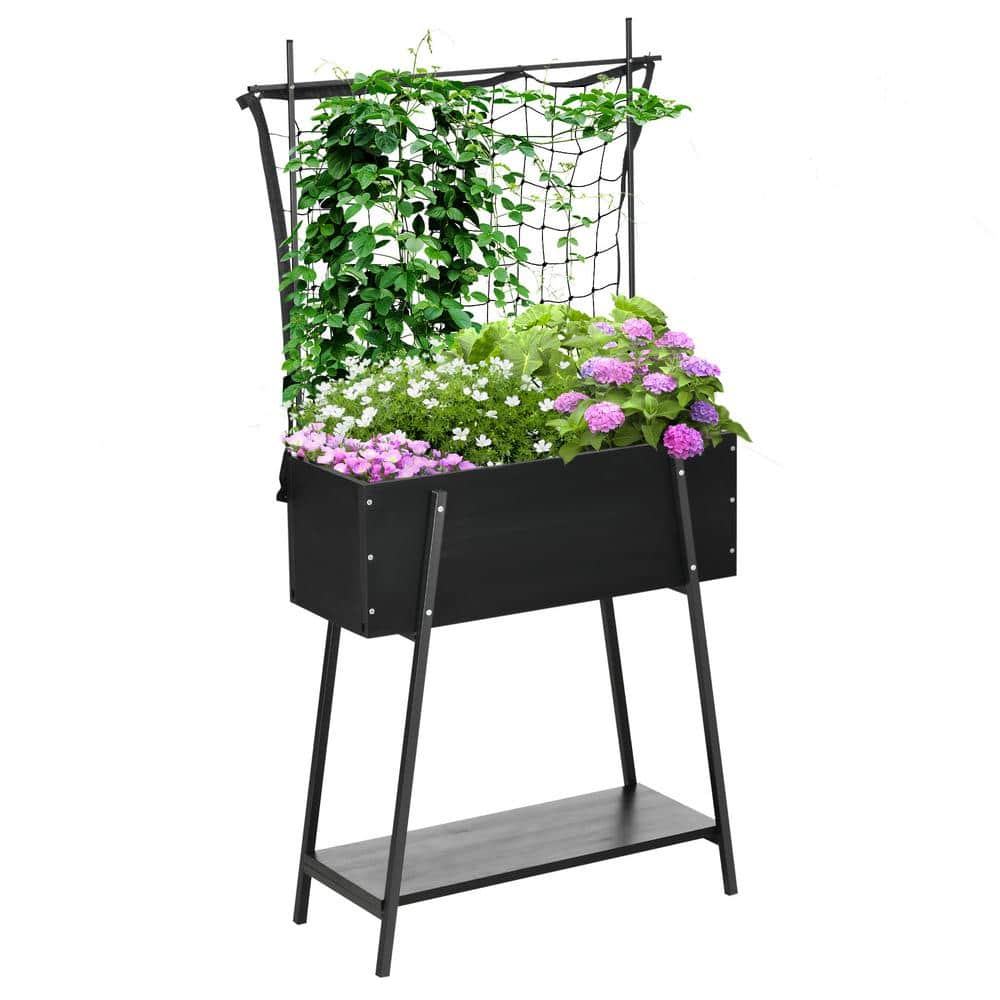 Outsunny Black Raised Garden Bed with Climbing Grid Trellis and Storage Shelf