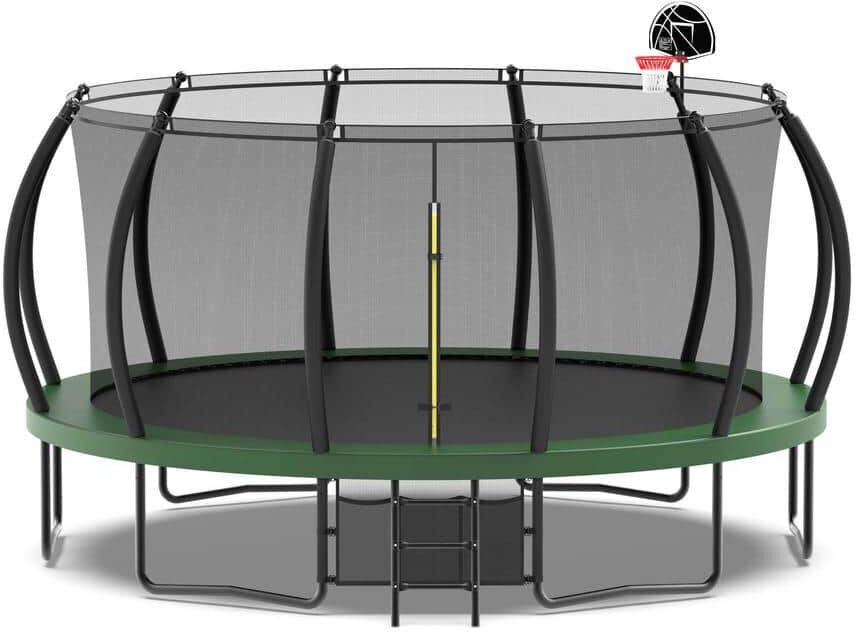 16 ft. Outdoor Round Green Trampoline Basketball Hoop, Ladder, Shoe Bag and Galvanized Anti-Rust Coating