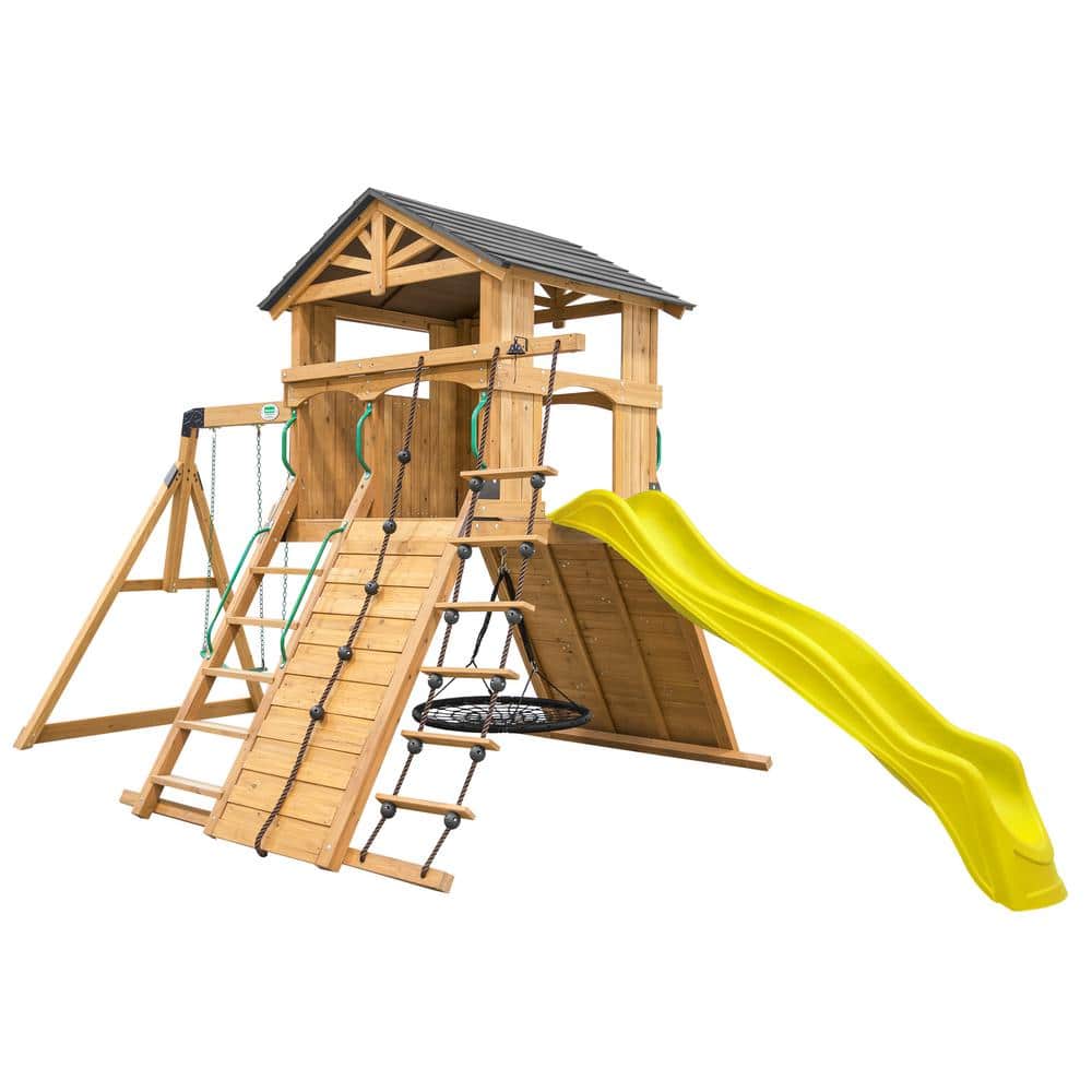 Backyard Discovery Endeavor All Cedar Wooden Swing Set Playset with Yellow Wave Slide