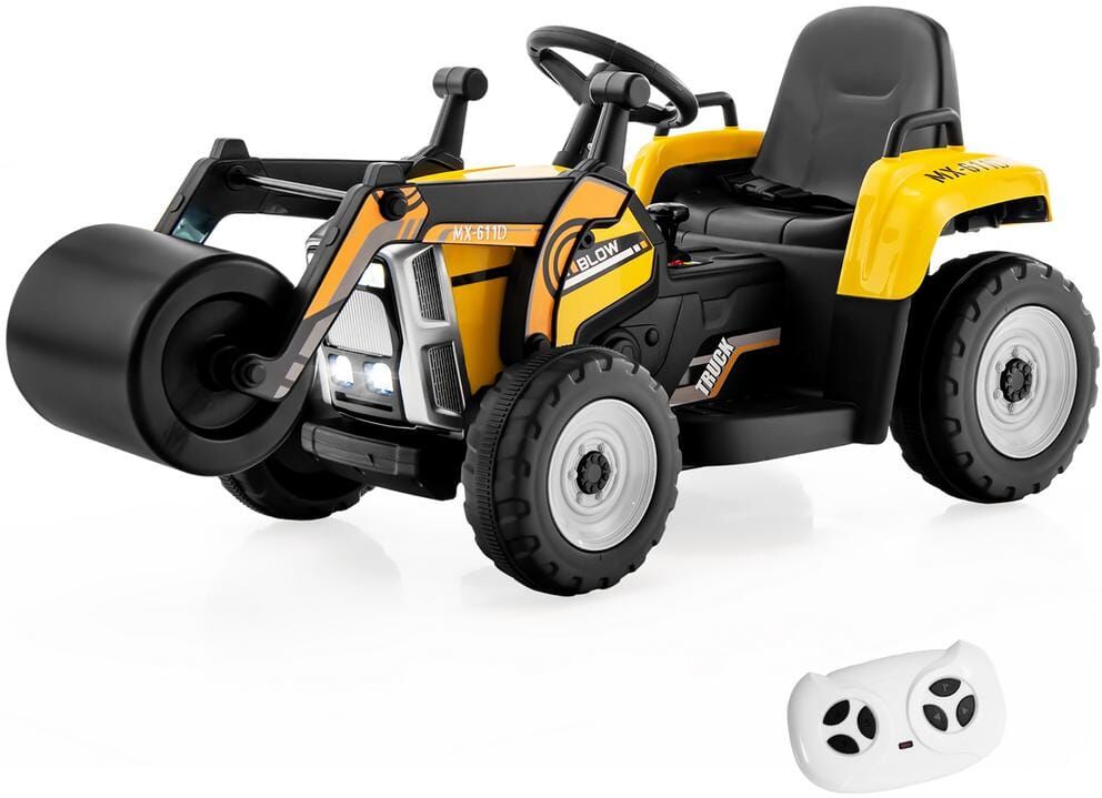 Costway Kids Ride On Roller 12-Volt Electric Tractor Remote with Music and LED Light Yellow