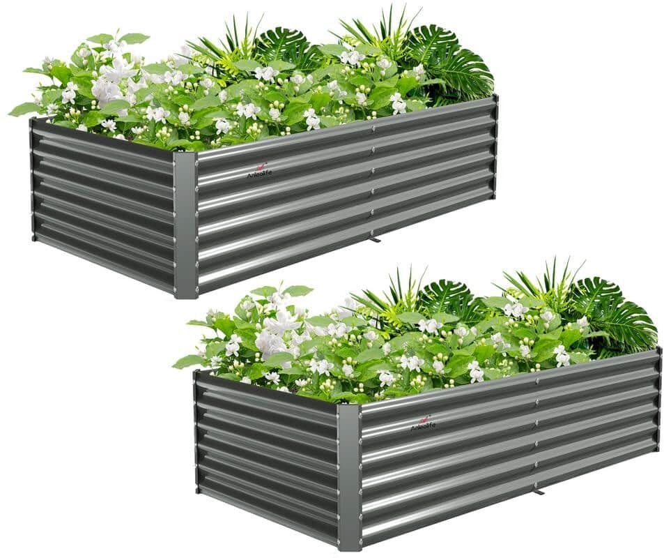 Runesay 2 PCS Gray Galvanized Steel Rectangular 359 Gal. Outdoor Bottomless Raised Planter Boxes Garden Bed(96" x 48" x 18")