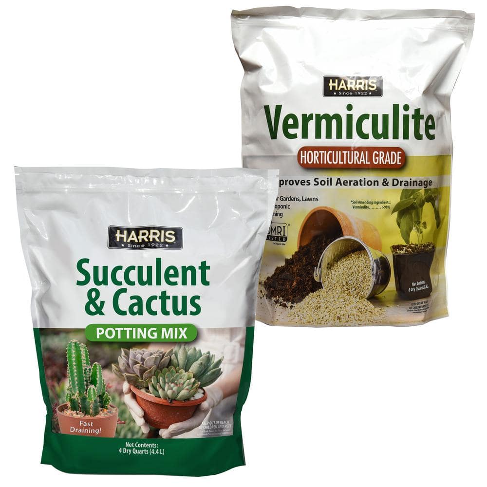 Harris 8 Qt. Premium Horticultural Vermiculite for Indoor Plants and Gardening and 4Qt. Succulent and Cactus Potting Soil Mix