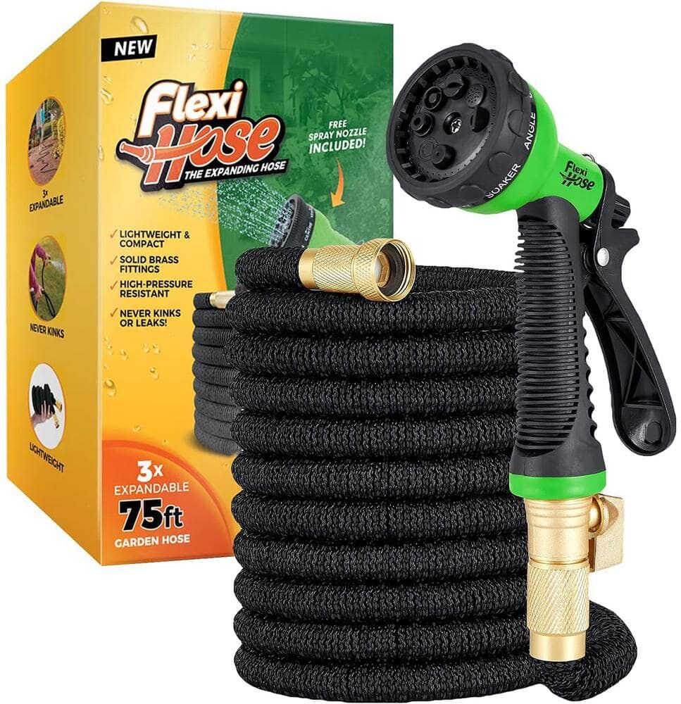 Flexi Hose 3/4 in x 75 ft. with 8 Function Nozzle Expandable Garden Hose, Lightweight & No-Kink Flexible, Black