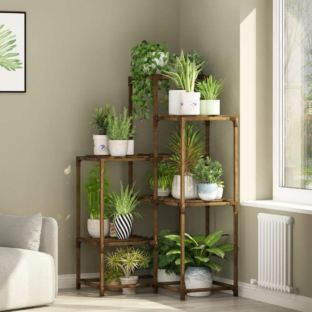 7 Tiers Wooden Corner Plant Shelf Indoor Outdoor Plant Shelf, Corner Shelves Multiple Plants Terrace Balcony Garden