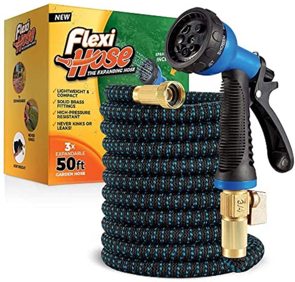 Flexi Hose 3/4 in x 50 ft. with 8 Function Nozzle Expandable Garden Hose, Lightweight & No-Kink Flexible, Blue/Black