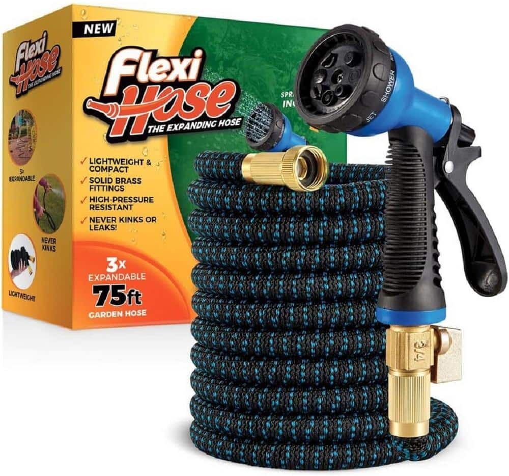 Flexi Hose 3/4 in x 75 ft. with 8 Function Nozzle Expandable Garden Hose, Lightweight & No-Kink Flexible, Blue/Black