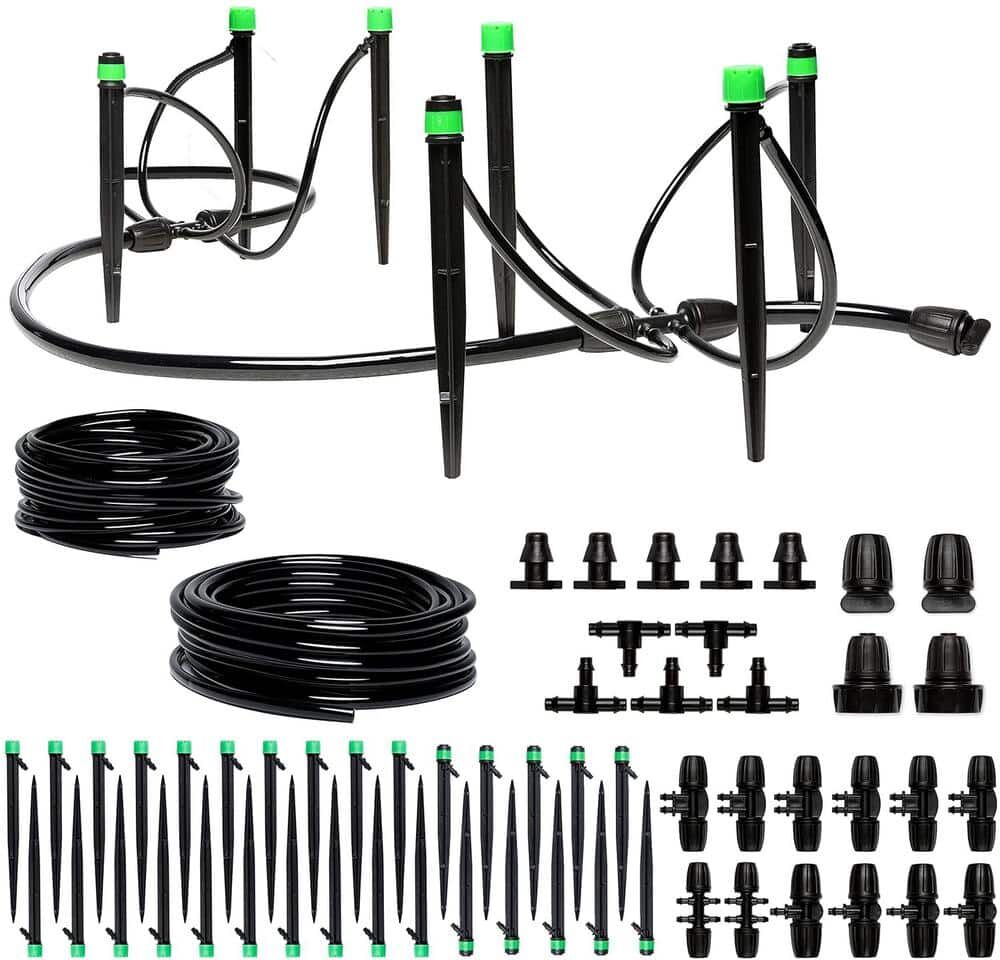 Lukvuzo Adjustable Drip Irrigation Watering Kit System for Raised Garden Bed, Lawn with Drip Emitters, 1/4 Tubing and Connectors