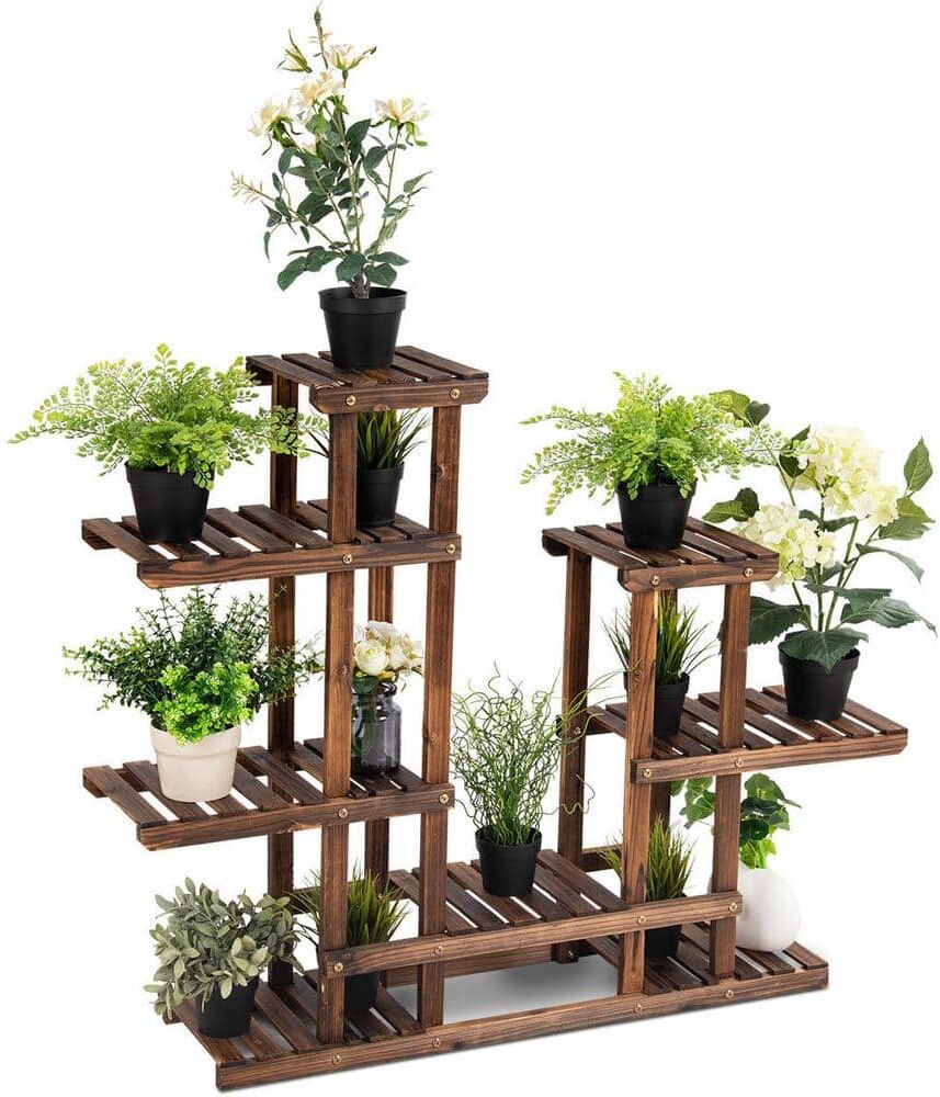 Costway 44 in. L x 10 in. x 38 in. Indoor Outdoor Brown Wood Plant Stand (6-Tiers) 13-Pots Display Stand