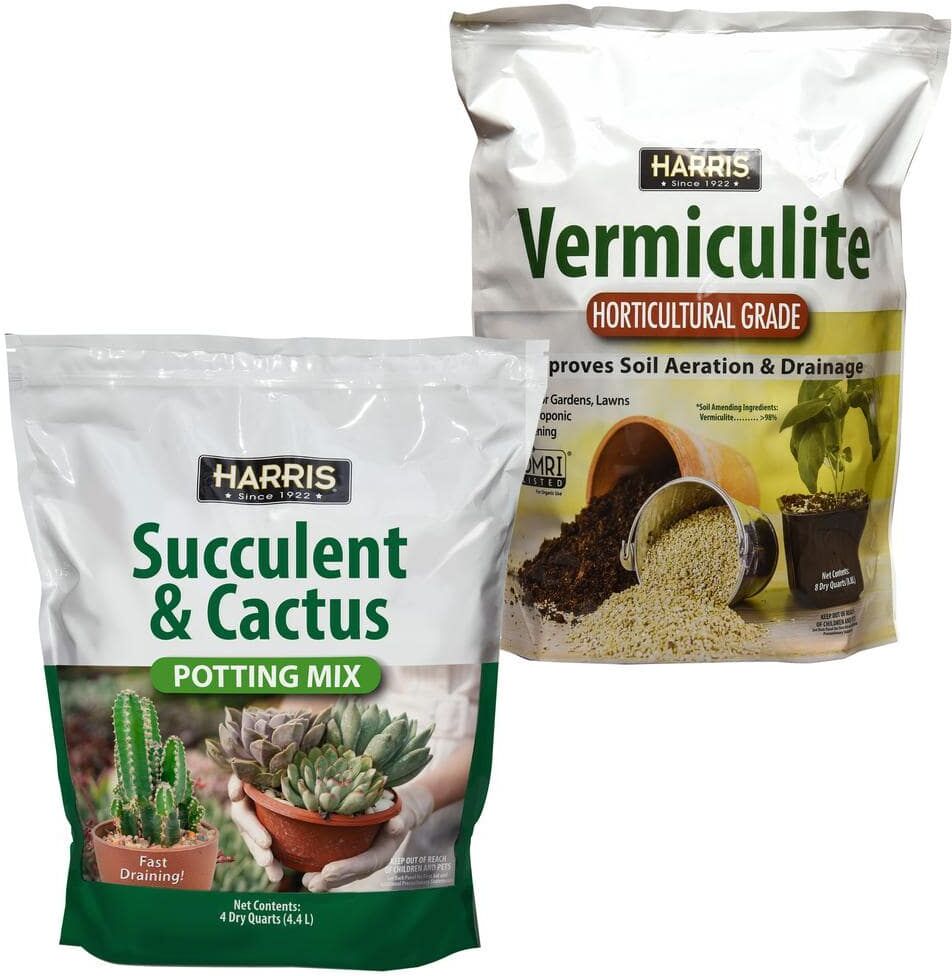 Harris 8 Qt. Premium Horticultural Vermiculite for Indoor Plants and Gardening and 4Qt. Succulent and Cactus Potting Soil Mix