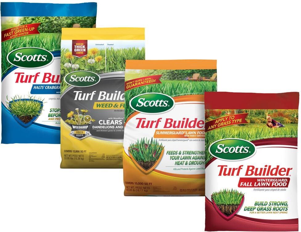 Scotts Turf Builder 4-Bag Lawn Fertilizer for Large Lawns with Halts, Weed and Feed5, SummerGuard and WinterGuard Lawn Food