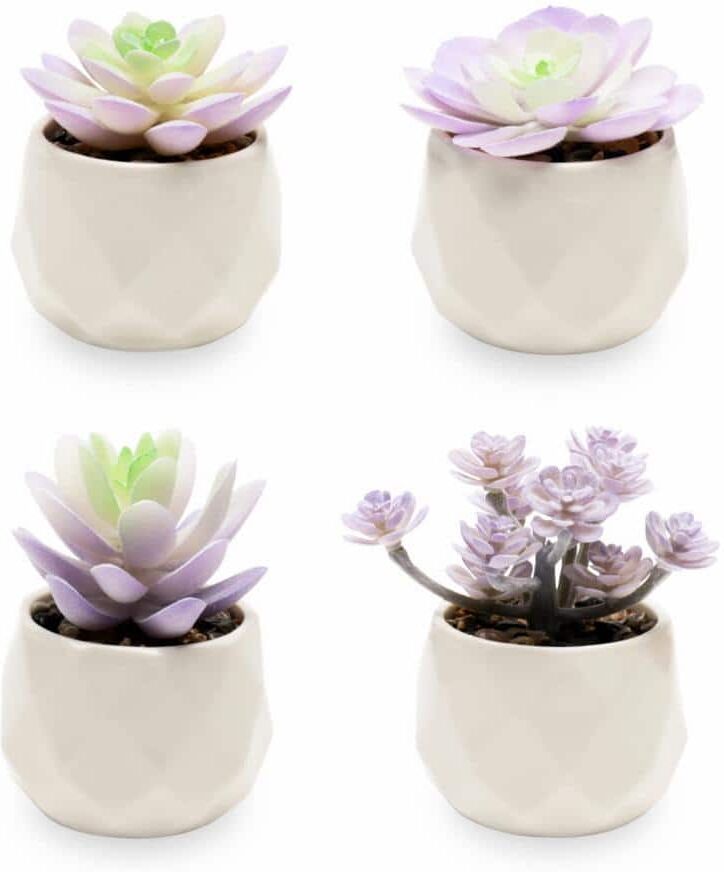 Angel Sar Artificial Purple Cactus Plant in White Ceramic Pots (4-Pack)