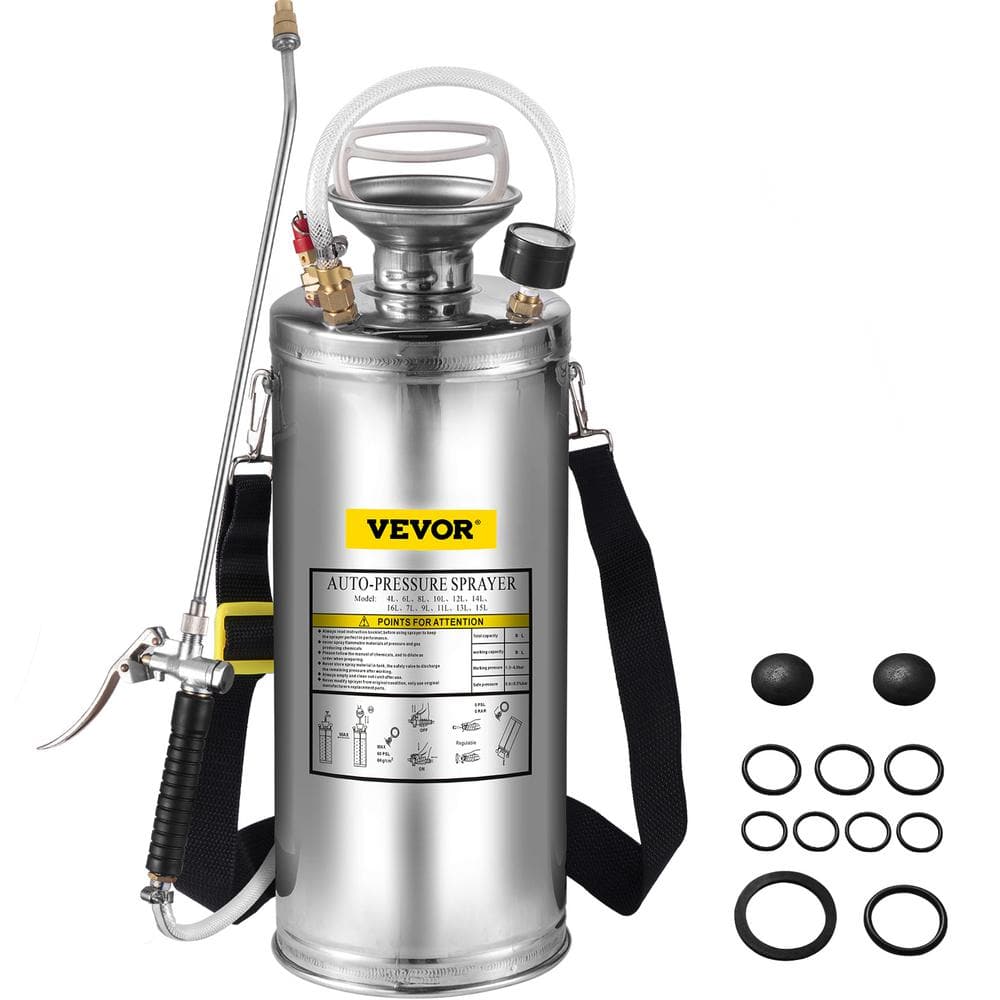 VEVOR 2 Gal. Stainless Steel Sprayer Pump Sprayer with 20 in. Wand, Handle, 3 ft. Reinforced Hose Suitable for Gardening