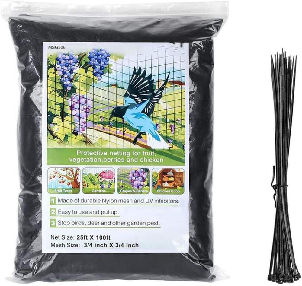 25 ft. x 100 ft. Black Bird Netting Heavy-Duty Nylon 3/4 in. Garden Netting Protects Fruit Trees, Plants and Vegetables