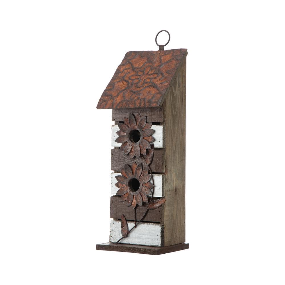 Glitzhome 14.5 in. H 2-Tiered Distressed Solid Wood Birdhouse With Flowers