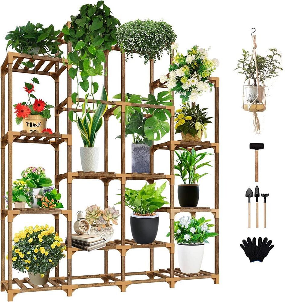 16 Pots Wooden Plant Stand Suitable for Room Corner Balcony Garden Patio Plant Stand in Brown (4-Tiers)