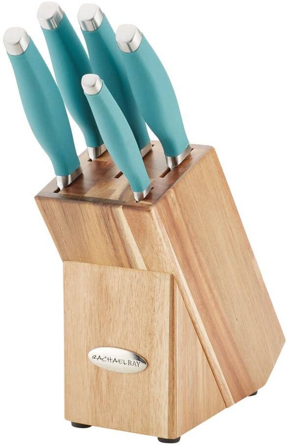 Rachael Ray Cucina Japanese Stainless Steel Knife Block Set, 6-Piece, Agave Blue