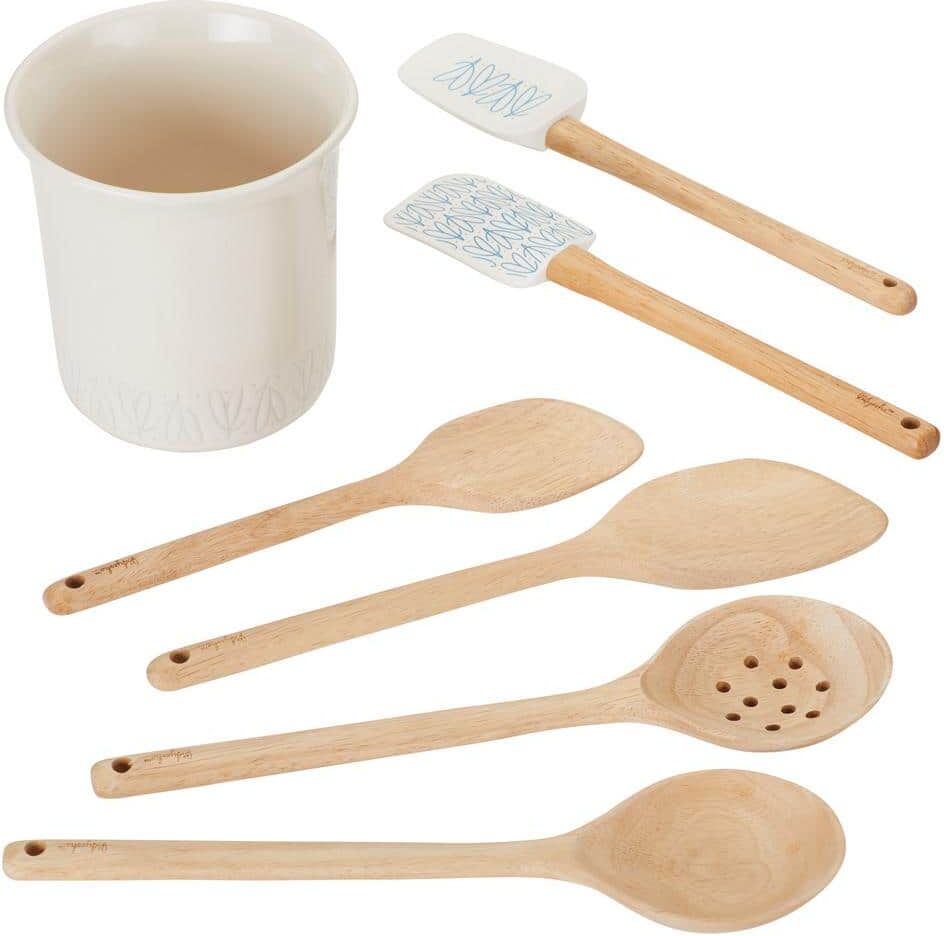 Ayesha Curry Ayesha Collection French Vanilla Kitchen Cooking Utensil Set with Ceramic Tool Crock