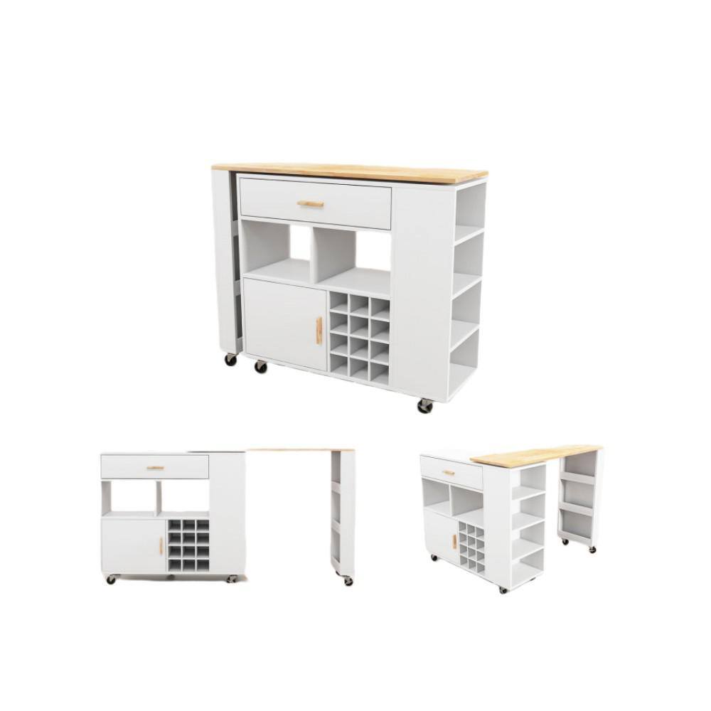 Aoibox White Rubber Wood 48 in. Kitchen Island Reversible Folding Kitchen Cart with Wine Rack and Spice Rack