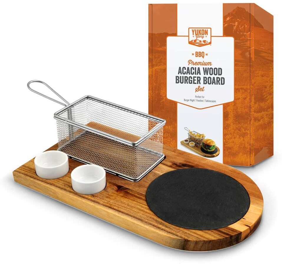 Yukon Glory Large 14.5 in. x 8 in. Rectangular Acacia Wood End Grain Burger Board Set with French Fry Basket and Sauce Holders