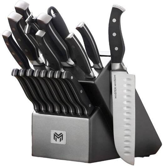 Aoibox 19-Piece Stainless Steel Kitchen Knife Set with Wooden Knife Block, Gray