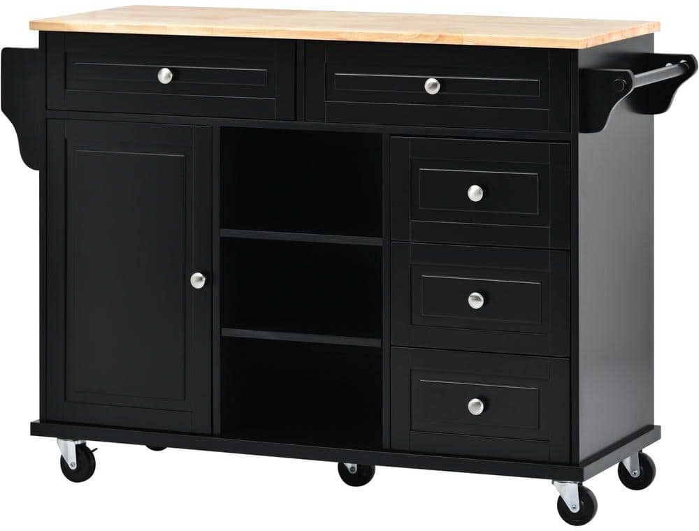 Tatahance Black Rolling Mobile Kitchen Island with Spice Rack, Towel Rack and Drawer and Rubber Wood Desktop