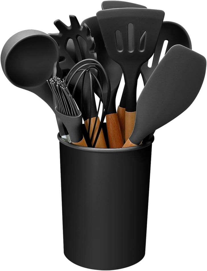 Aoibox 11 Pcs Black Silicone Cooking Utensil Set w/Ladles, Spatula, Tong, Whisk, Heat Resistant Wooden Handle & Holder