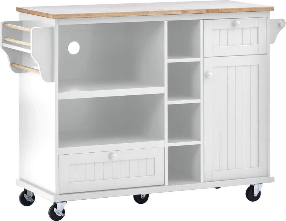 Tatahance White Floor Standing Buffet Kitchen Island with Spice Rack, Towel Rack and Drawer and Rubber Wood Desktop