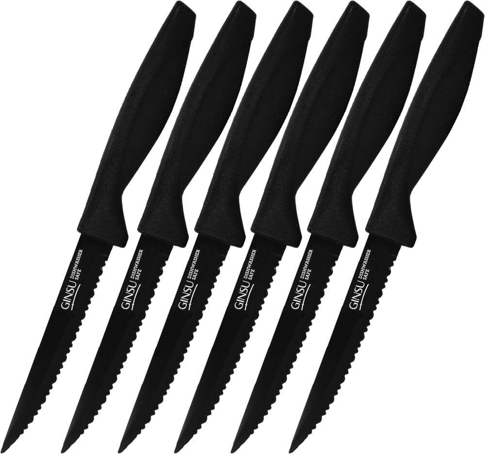 Ginsu Daku Series 4.5 in. Ceramic Coated Stainless Steel Partial Tang Serrated Edge Black Steak Knife (Set of 6)